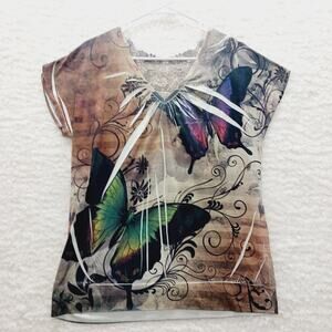 T-Shirt Women Butterfly Lace Whimsycore Wearable Art Romantic Casual OOAK Size L